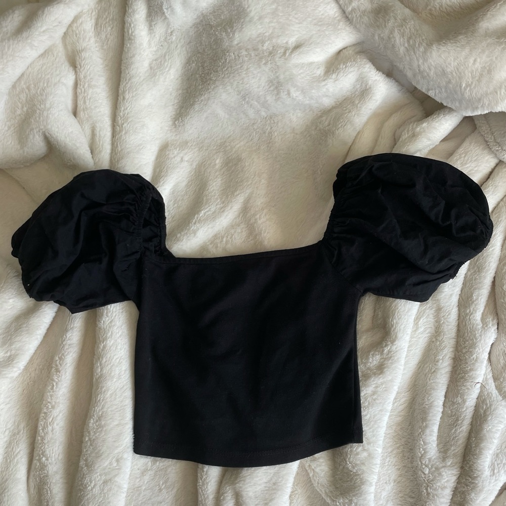 Zara black square neck top with puff sleeves